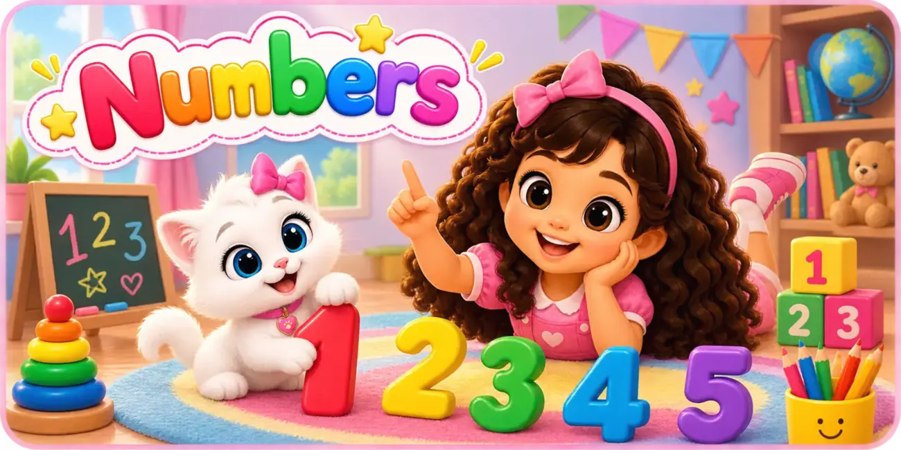 Mimi and Arwa counting with colourful number toys, under a Numbers banner