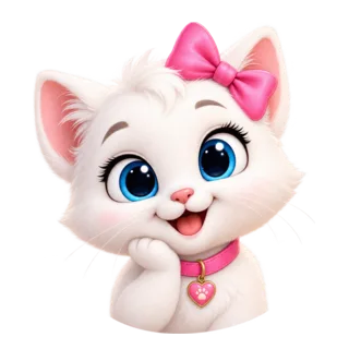 Mimi, a fluffy white kitten with blue eyes and a pink bow