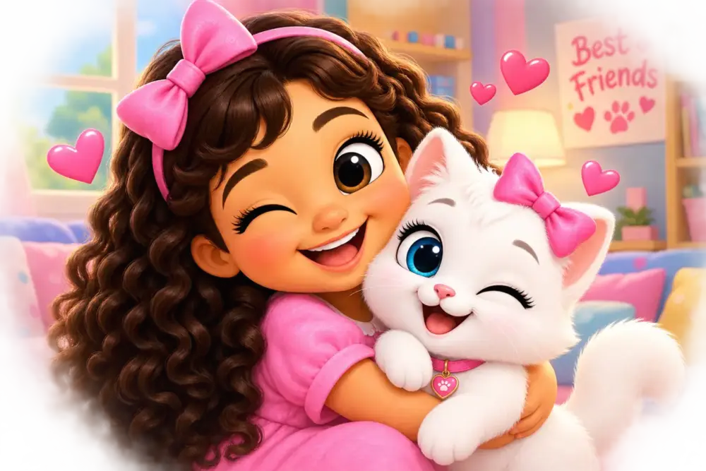 Arwa hugging Mimi the white kitten, both laughing, under a Best Friends poster