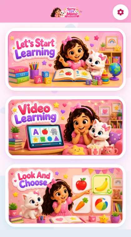 The app home screen, with its six learning sections